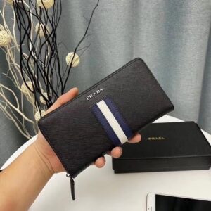 Prada Original Single Quality Men's Wallet ML318 Saffiano Leather Synchronization Delicate Stitching Top Peel Head Black Size 20x10.5x2.5cm with gift box