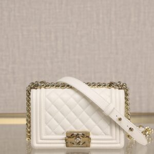 CHANEL le Boy small white pebbled light gold buckle shoulder crossbody chain women's bag size: 20.5 x 8.5 x 12cm