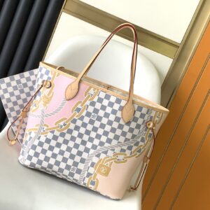 Top original single N40471 white grid silk screen printing nautical series shopping bag series NEVERFULL medium handbag N40471 white grid silk screen printing